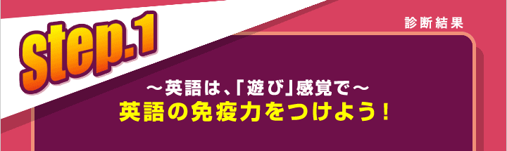 診断結果　step.1　〜英語は、「遊び」感覚で〜　英語の免疫力をつけよう