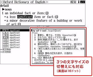 3つの文字サイズの切替えにも対応（画面は16ドット）