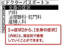 【⇒症状】から、［全身の症状］［内科］と、項目別で検索していくことができます。