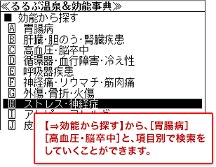 【⇒効能から探す】から、［胃腸病］［高血圧･脳卒中］と、項目別で検索をしていくことができます。