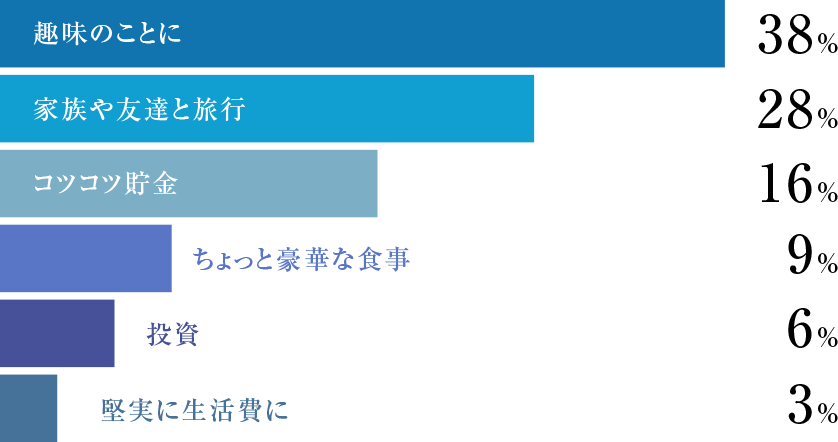 趣味のことに38％家族や友達と旅行28％コツコツ貯金16％ちょっと豪華な食事9％投資6％堅実に生活費に3％