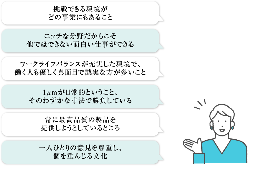 挑戦できる環境がどの事業にもあること。ニッチな分野だからこそ他ではできない面白い仕事ができる。ワークライフバランスが充実した環境で、働く人も優しく真面目で誠実な方が多いこと。1μmが日常的ということ、そのわずかな寸法で勝負している。常に最高品質の製品を提供しようとしているところ。一人ひとりの意見を尊重し、個を重んじる文化。