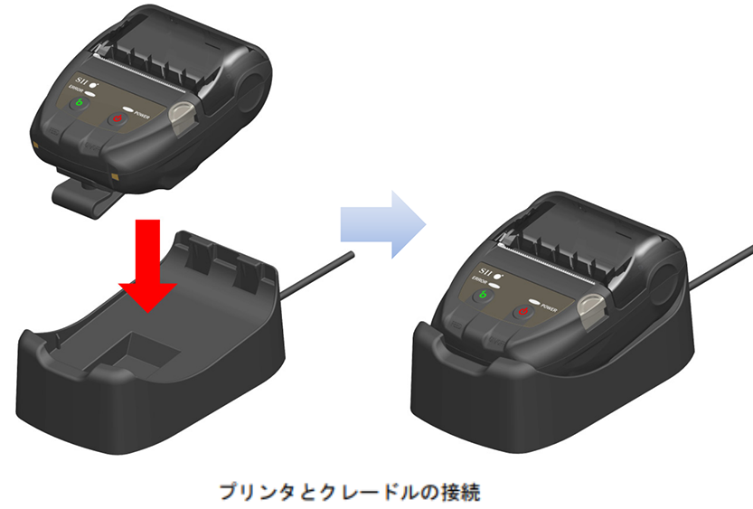 プリンターの充電端子とクレードルの充電端子の位置を合わせ、プリンターをクレードルにセットしてください